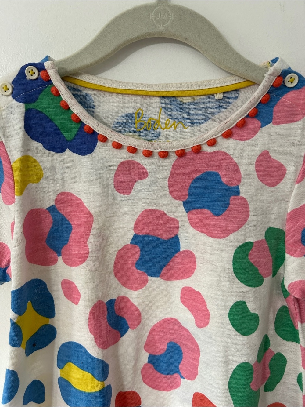 Boden Girls Dress Multicolor Abstract Short Sleeve With Pom Pom Detail Playful - Picture 2 of 11